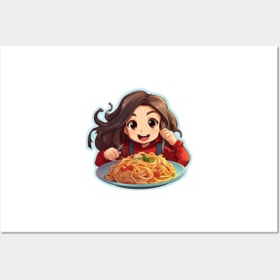 Cute Girl Eating Spaghetti Posters and Art